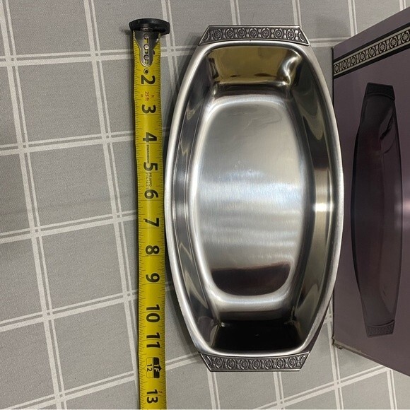 Vtg MCM 50s Bread Tray Tulip Pattern Handles Stainless Steel Serving Dish Tray - Picture 3 of 8